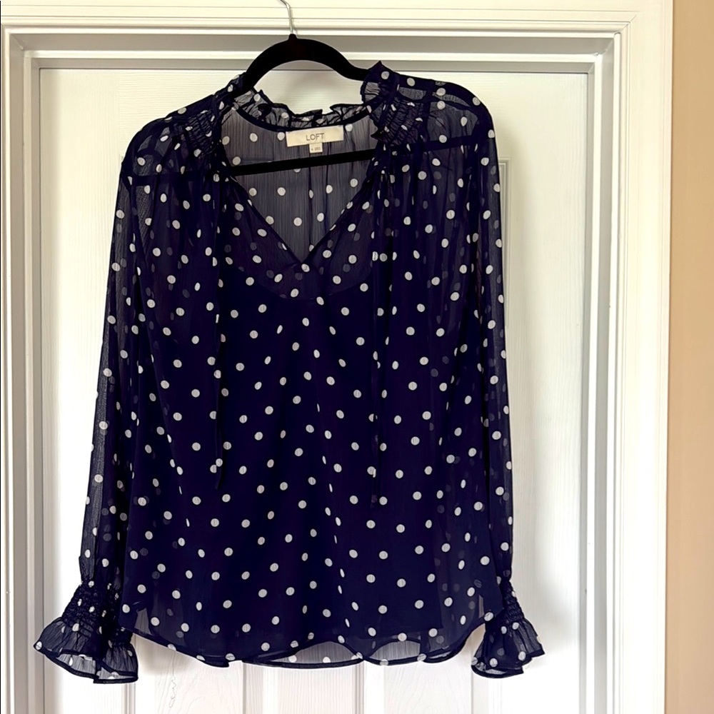 LOFT Sheer Navy Blouse with White Polka Dots